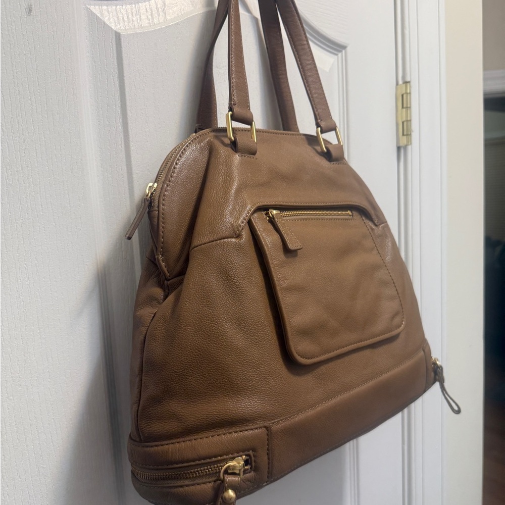 Talbots large tan pebbled leather satchel handbag with multiple zip compartments